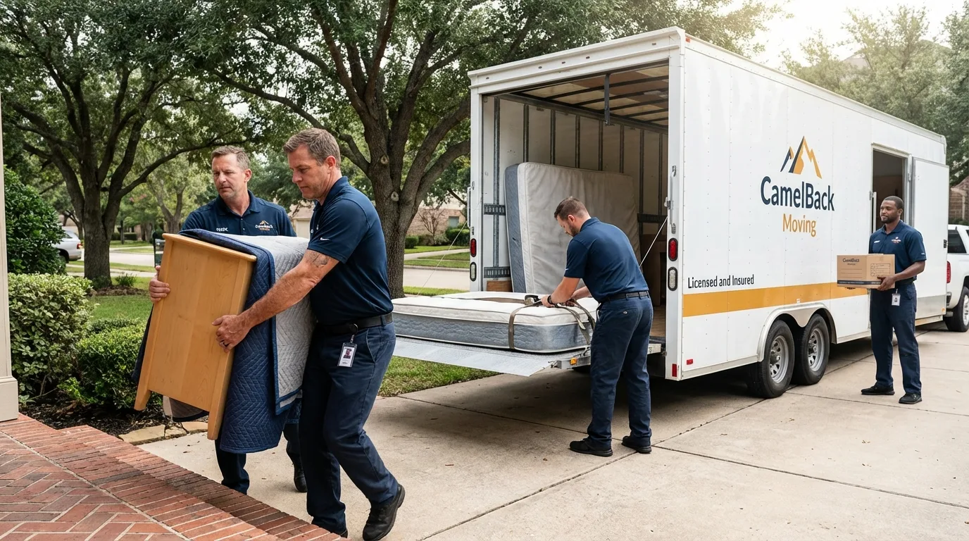 Crew loading residential truck for cross-state move from New York Mills, NY
