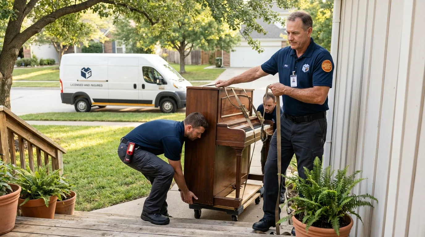 Licensed piano movers securing grand piano in New York Mills, NY