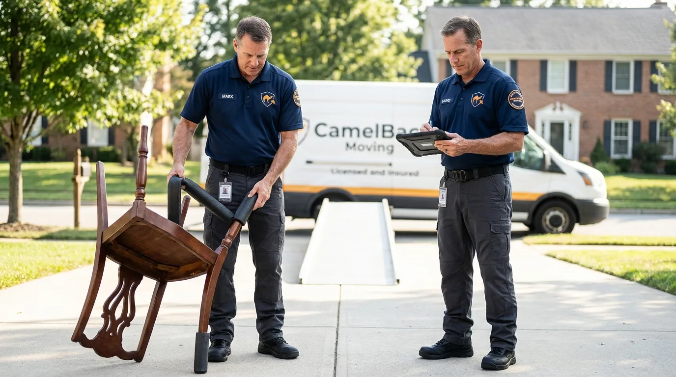 Movers inspecting furniture for damage prevention before loading in New York Mills, NY