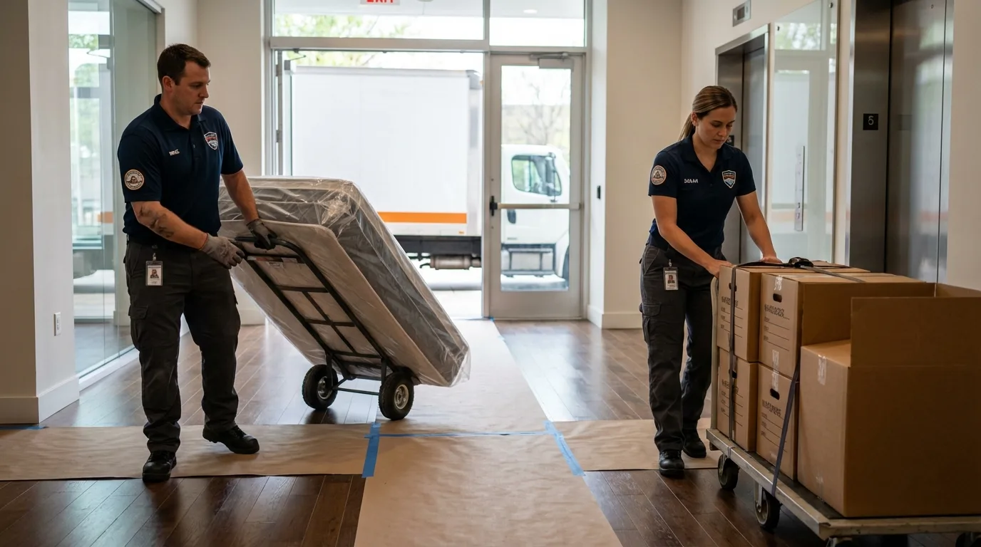 Professional apartment movers loading elevator in New York Mills, NY