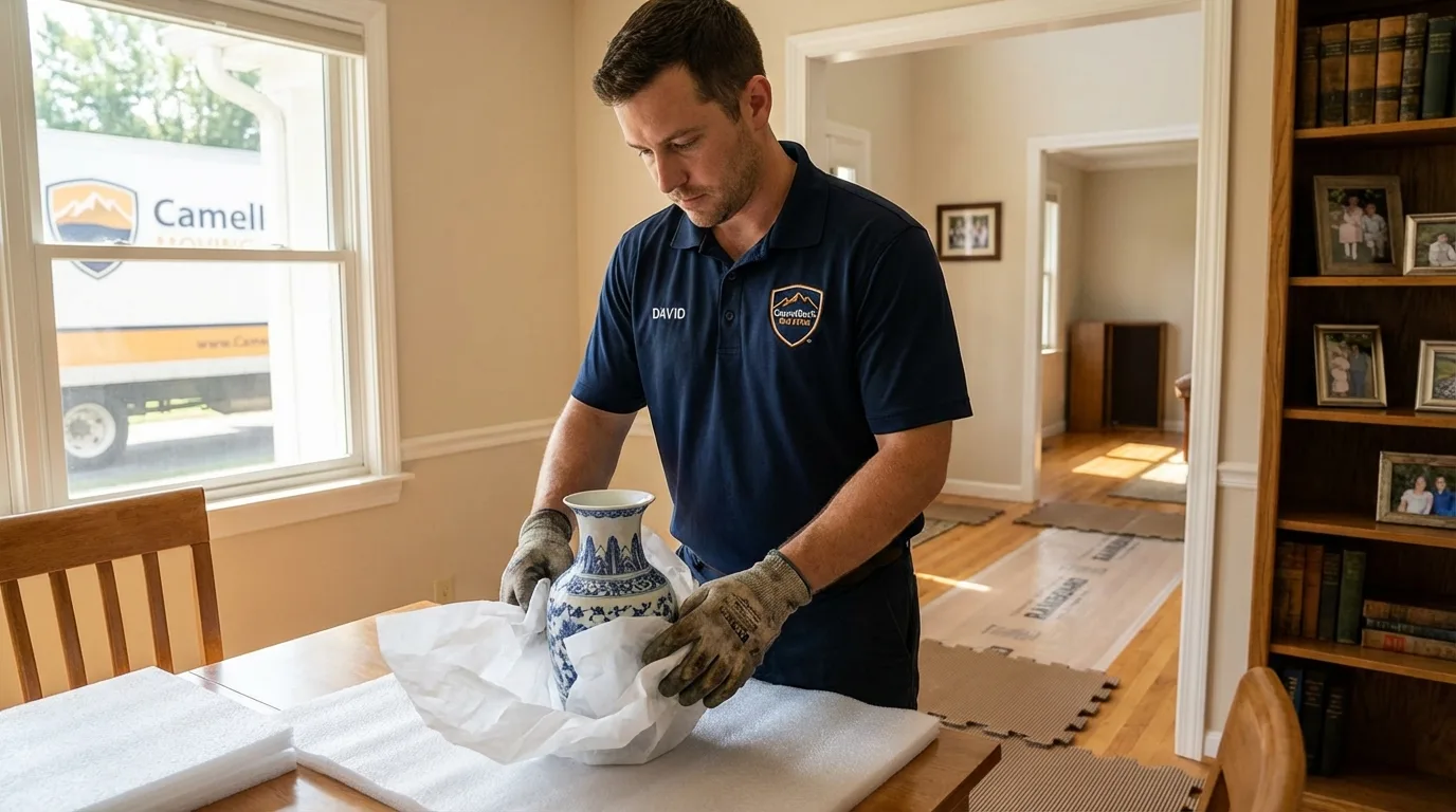 Professional crew carefully wrapping antique vase for senior downsizing move in New York Mills, NY