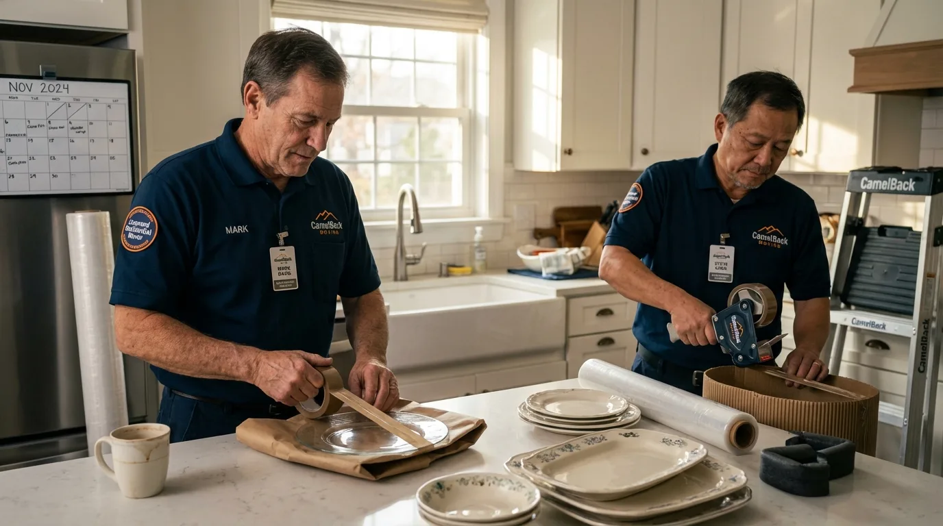 Professional crew packing kitchen dishware in New York Mills, NY